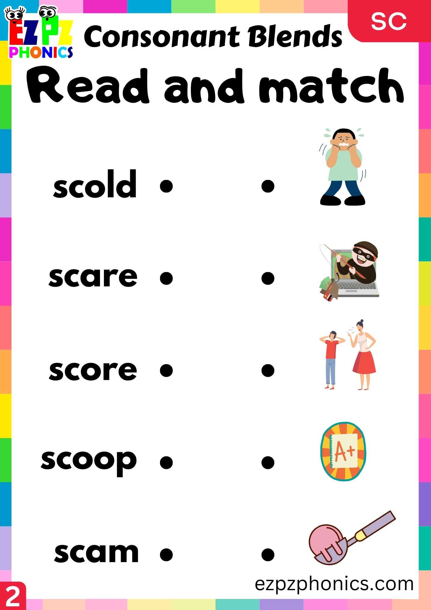 Group2 SC Words Read And Match Phonics Consonant Blends Worksheet